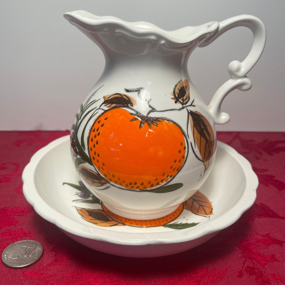 Vintage Japan Wash Basin Hand Painted Orange Pumpkin Brown Leaves Ceramic Set